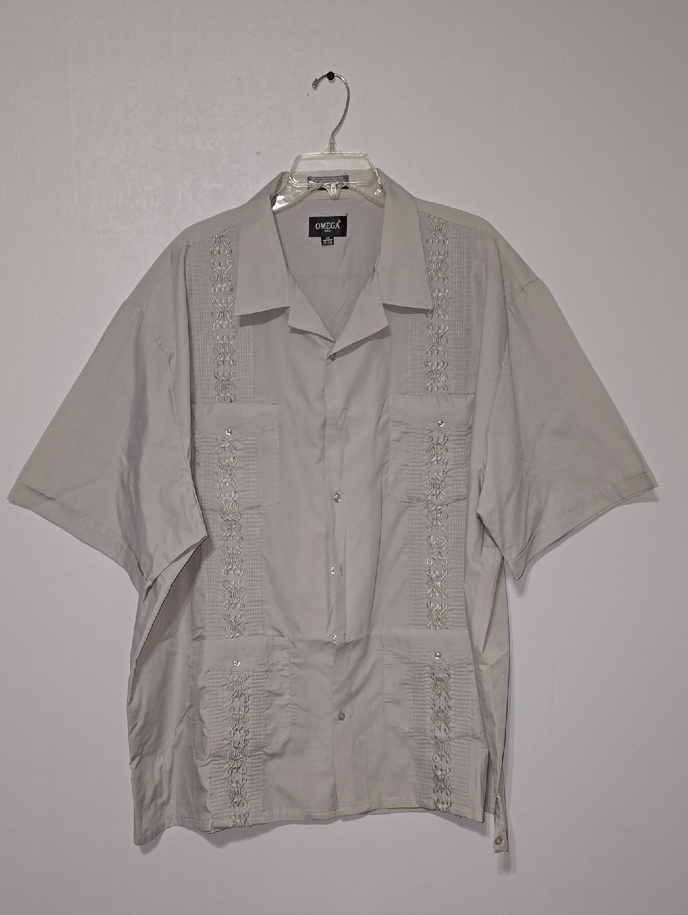 Omega Light Gray Embroidered Short-Sleeve Guayabera